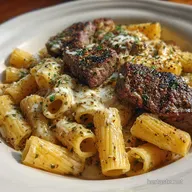 Cajun Steak Tips in Cheesy Rigatoni Parmesan Sauce with Garlic - Velvety Sauce & Smoky Steak