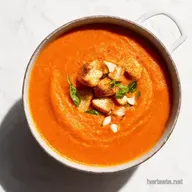Creamy Tomato Soup Roasted with Basil Garlic Croutons