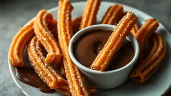 Perfectly Crispy Churros with Chocolate Dipping Sauce Recipe recipe card