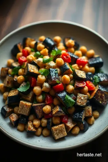 Roasted Eggplant and Chickpea Salad with Tahini Dressing presentation