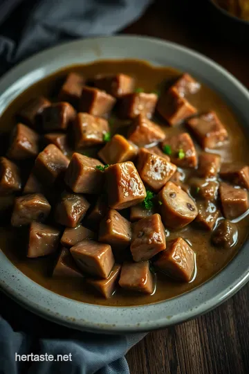 Savory Baked Cubed Steak with Mushroom Gravy presentation