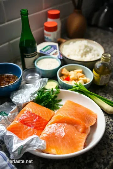 Savory Salmon Rice Bowl with Fresh Veggies and a Zesty Ginger Soy Drizzle ingredients