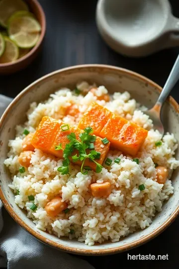 Savory Salmon Rice Bowl with Fresh Veggies and a Zesty Ginger Soy Drizzle presentation