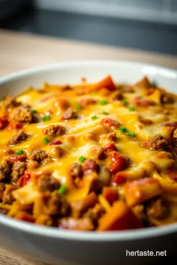 Ultimate Cheesy Burger Casserole Delight presentation