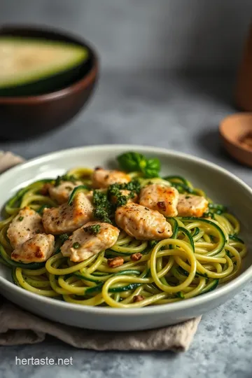 Zesty Zucchini Noodles with Basil Pesto and Grilled Chicken presentation