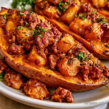 Beef Stuffed Sweet Potato for 4 Servings Recipe Card