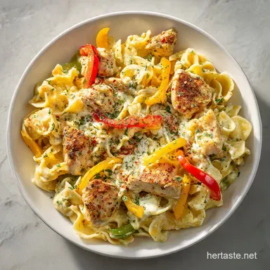 Cajun Cream Cheese Chicken Pasta Bake Recipe with Bell Peppers Recipe Card