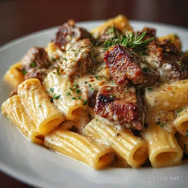 Cajun Steak Tips in Cheesy Rigatoni Parmesan Sauce with Garlic - Velvety Sauce & Smoky Steak Recipe Card