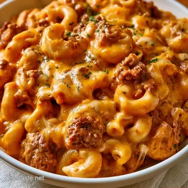 One-Pot Cheesy Mac with Ground Beef Recipe Card