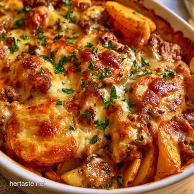 Cheesy Beef Potato Casserole Baked Recipe Card