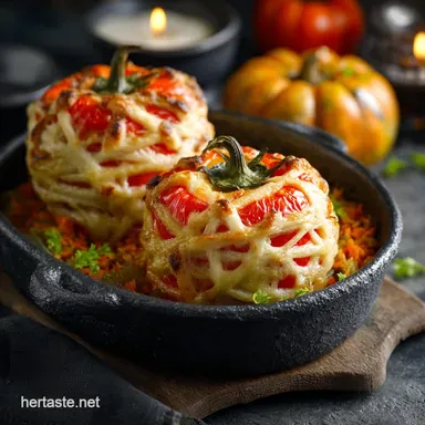 Cheesy Stuffed Pepper Mummies Hearty Halloween Dinner Centrepiece Recipe Card