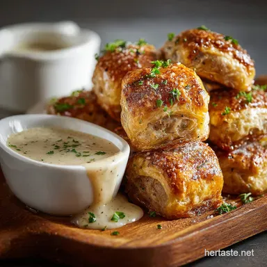 Chicken Sausage Puffs with Creamy Mustard Dipping Sauce Recipe Recipe Card