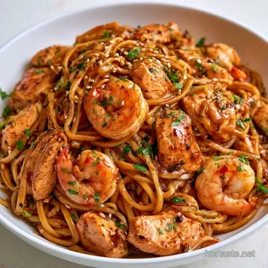 Chicken Shrimp Stir-Fry Noodles, 30 Min Recipe Card