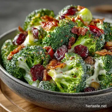 The Best Creamy Broccoli Salad Recipe with Bacon and Cranberries Recipe Card