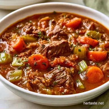 Creamy Beef and Vegetable Soup One-Pot Recipe Card