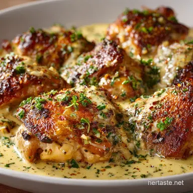 Ultimate Creamy Garlic Chicken Thighs Crisp Skin Velvety Sauce Recipe Card