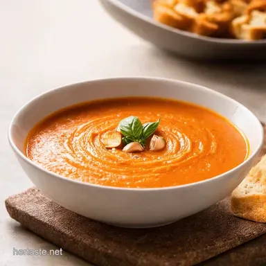 Creamy Tomato Soup Roasted with Basil Garlic Croutons Recipe Card