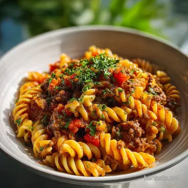 Creamy Rotel Pasta with Ground Beef in 30 Min Recipe Card