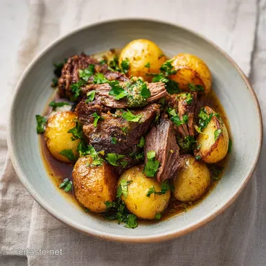 Slow Cooker Garlic Butter Beef with Potatoes: 8h 15m Recipe Card