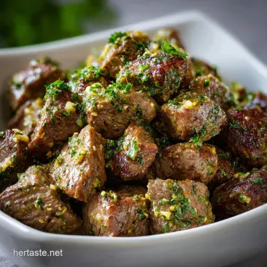 High Protein Slow Cooker Garlic Butter Beef Bites Easy Dinner Recipe Card