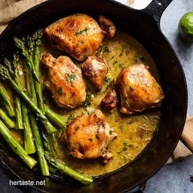 Garlic Herb Butter Chicken Thighs Asparagus One Pan Win Recipe Card