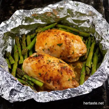Baked Chicken in Foil with Asparagus My Easy GarlicHerb Recipe Recipe Card