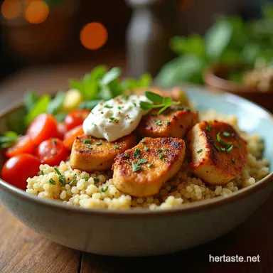 The Best Easy Greek Chicken Quinoa Bowl Recipe 45 Mins Recipe Card