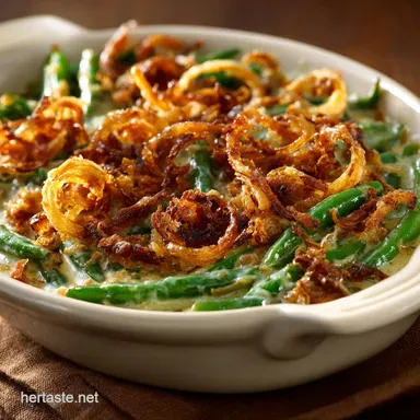 Creamy Green Bean Casserole: Homemade Sauce Crispy Shallots Recipe Card