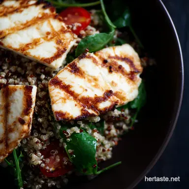 Protein Lunch Ideas Grilled Halloumi Quinoa Salad Recipe Card