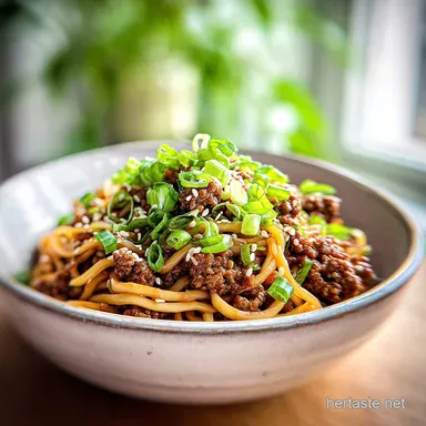 Mongolian Ground Beef Noodles Recipe in 20 Min Recipe Card