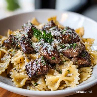Creamy Parmesan Garlic Beef Bowtie Pasta: 30 Min Recipe Card