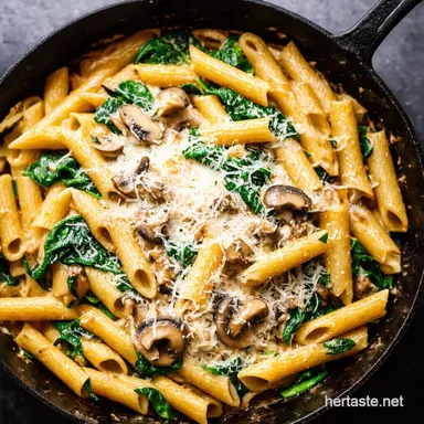 Parmesan Spinach Mushroom Pasta Skillet Quick Creamy Recipe Card