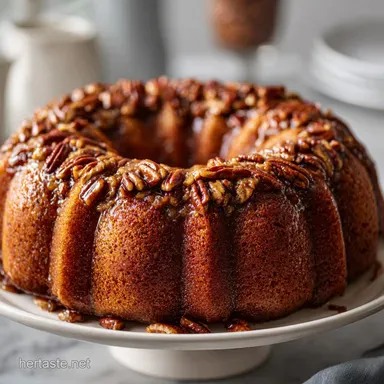 Pecan Upside Down Bundt Cake Recipe with Caramelized Topping Recipe Card