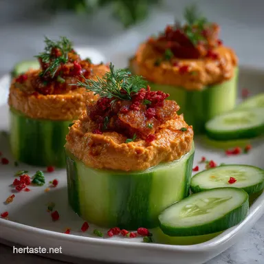 RedPepper Hummus in Cucumber Cups Recipe | No-Cook Snack Recipe Card