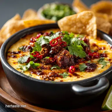 Cowboy Queso Easy Loaded Dip with Chorizo and Smoked Brisket Recipe Card