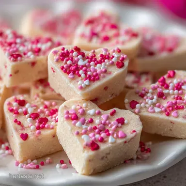 Amazing Valentine Sugar Cookie Fudge For Sharing with Pink Sprinkles | Easy & Festive Treat Recipe Card