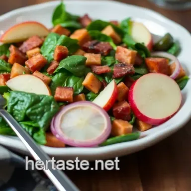 Warm Bacon & Apple Spinach Salad with Maple-Dijon Vinaigrette presentation