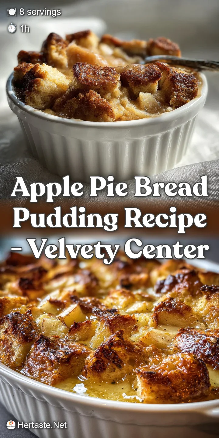 Close-up of buttery bread pudding with juicy apple chunks, glistening with a caramelized glaze and a hint of cinnamon. Tex...