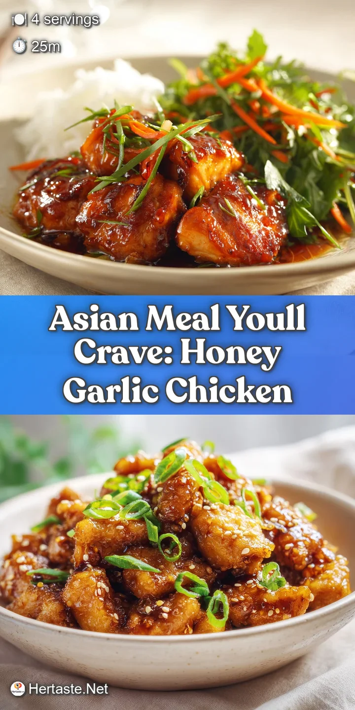 Close-up of honey garlic chicken showcasing its sticky, caramelized glaze. The glistening sauce and toasted sesame seeds i...