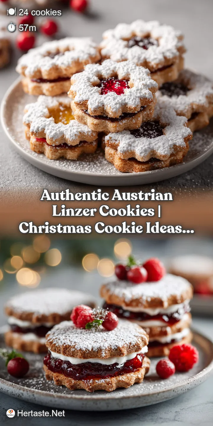 Close-up of a crumbly Linzer cookie with a jewel-toned raspberry jam filling and a dusting of confectioners' sugar.
