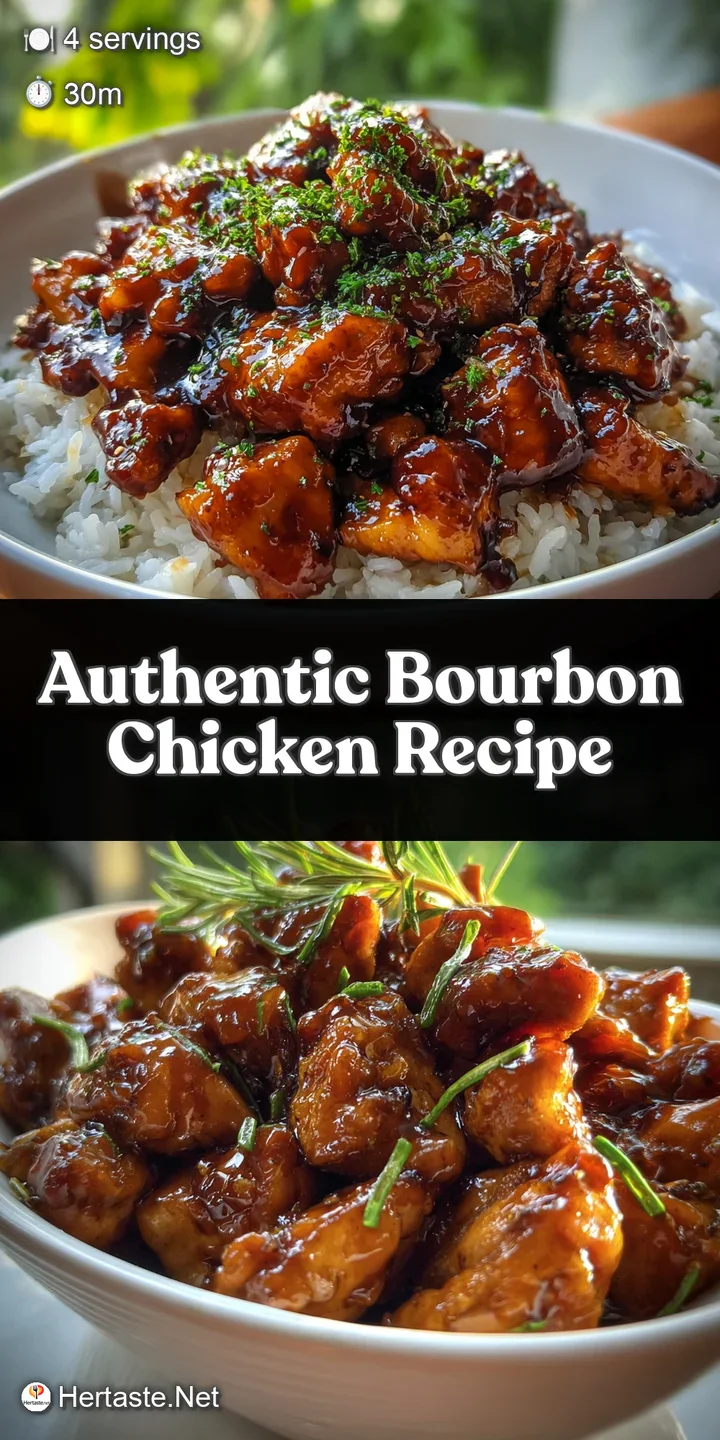 Close-up of sticky, glazed bourbon chicken; rich brown sauce coats tender pieces with glistening texture and sesame seed g...