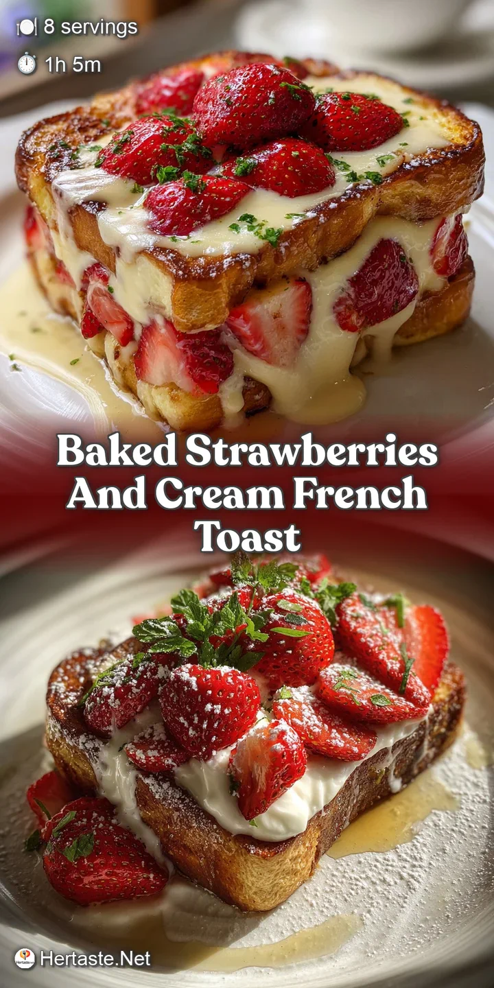 Close-up showcases the soft, custardy texture of the French toast, bursting with juicy baked strawberries and a swirl of d...