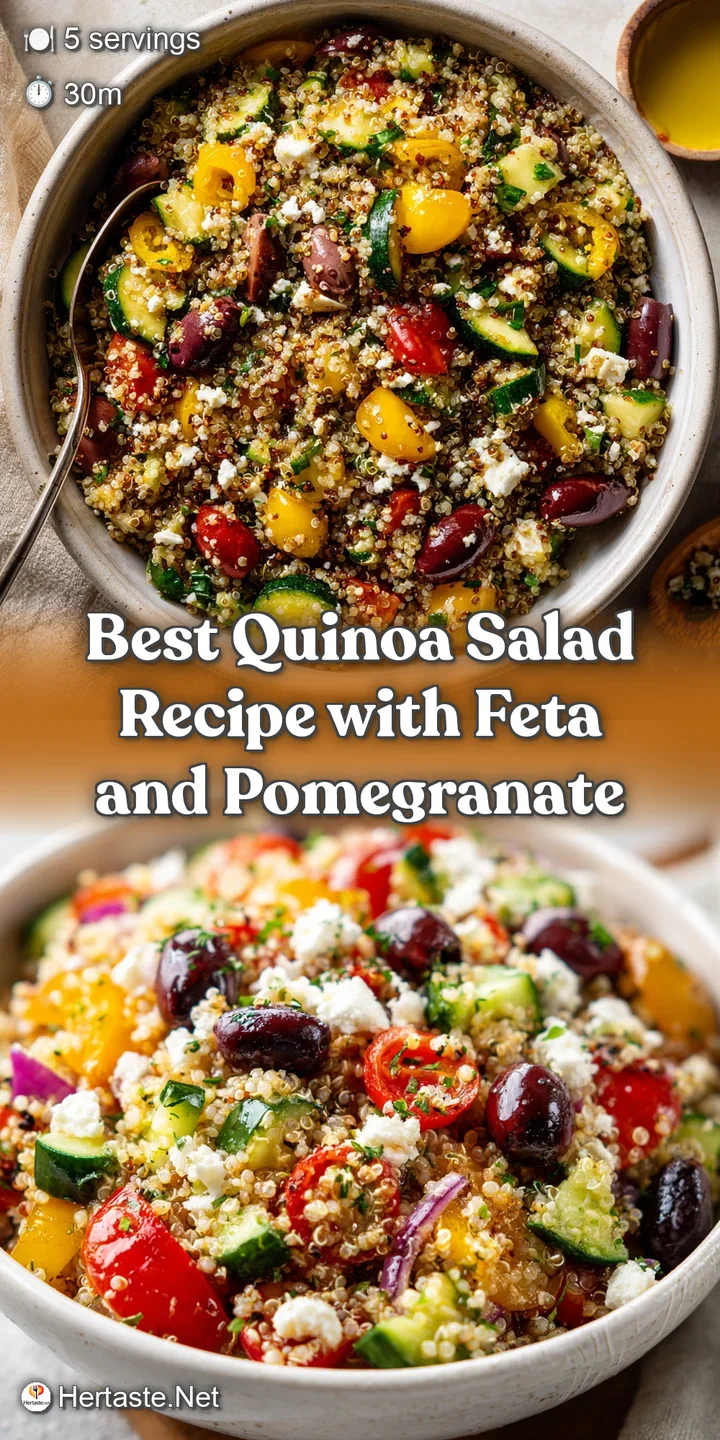 Close-up view of fluffy quinoa salad, highlighting the creamy feta, fresh herbs, and juicy, colorful diced vegetables, loo...