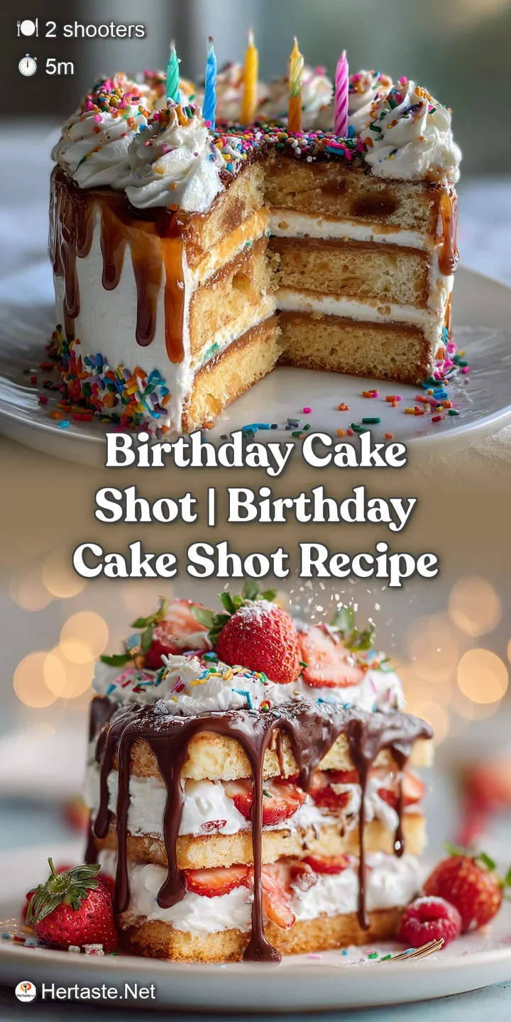 Close-up of a birthday cake shot: layers of creamy liqueur, fluffy whipped cream, and a vibrant shower of rainbow sprinkles.
