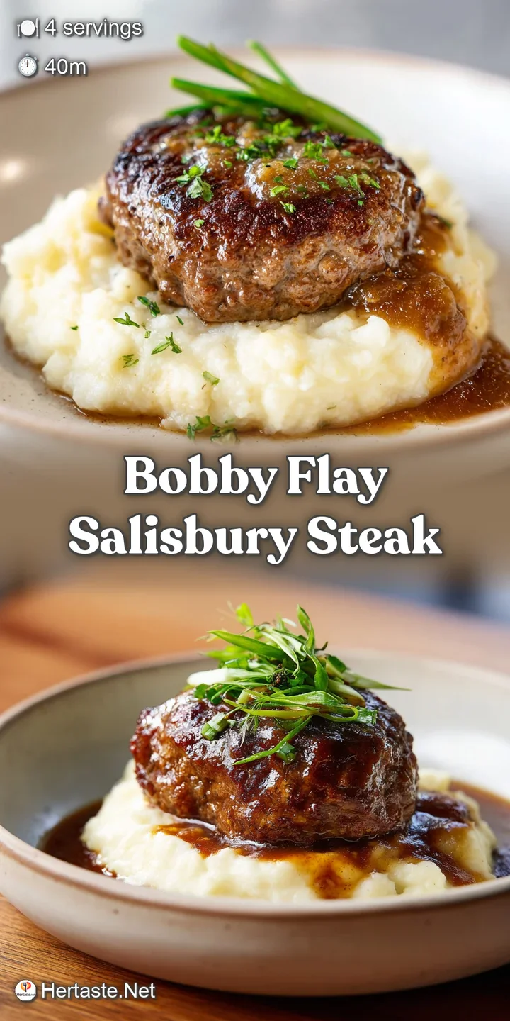 Close-up of a juicy Salisbury steak smothered in a luscious, deeply colored gravy, showcasing the perfectly browned surfac...