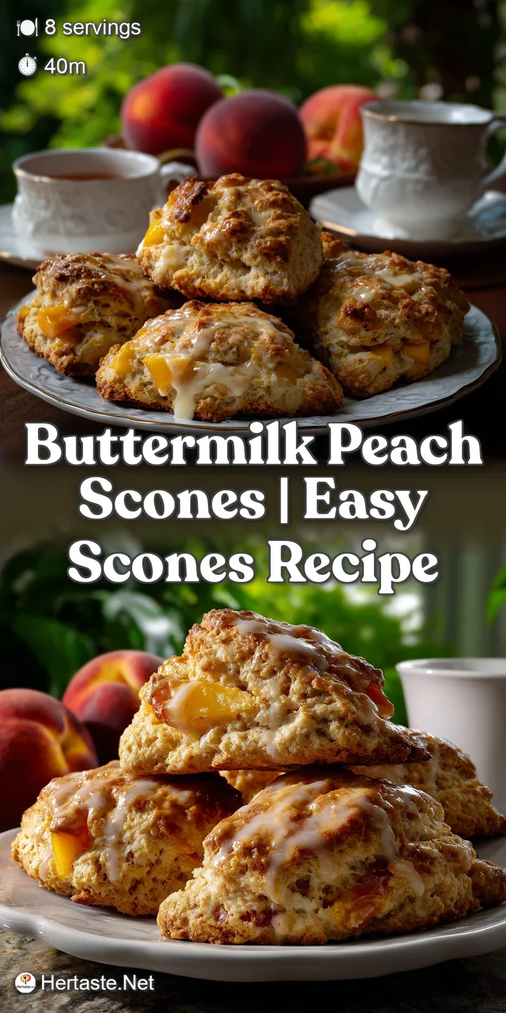 Close-up of a warm scone, showcasing the moist interior and caramelized peach pieces, inviting with a delicious aroma and ...