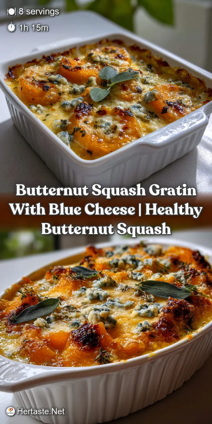 Close-up of a bubbling gratin with melting blue cheese, caramelized squash, and vibrant green sage. Textures and colors in...