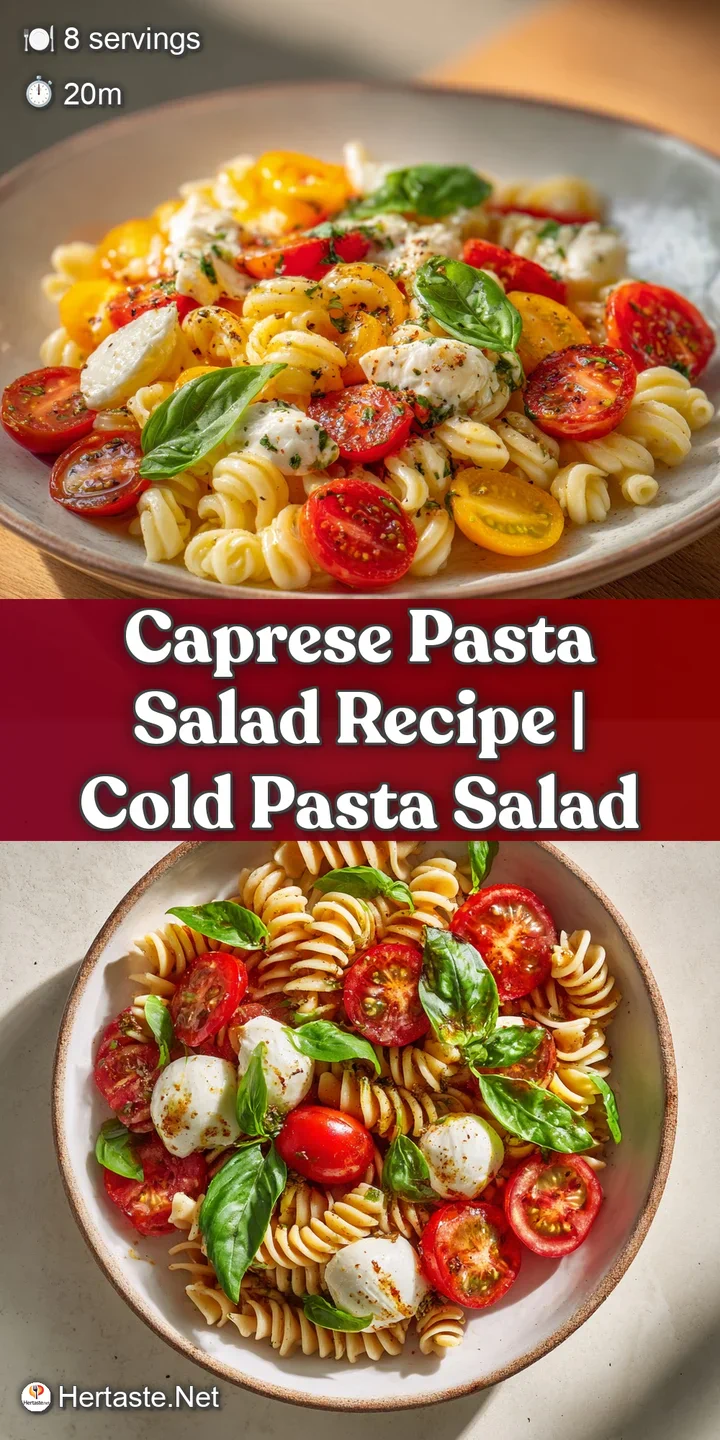 Close-up of Caprese pasta salad. See juicy red tomatoes, al dente pasta, creamy mozzarella, and vibrant green basil leaves.