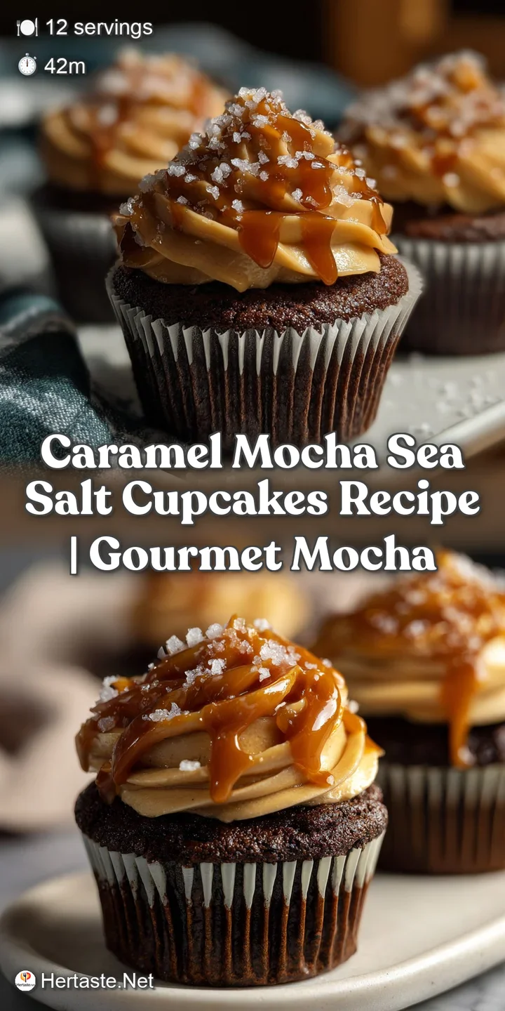 Close-up of a cupcake's soft, chocolatey interior; rich caramel swirls; and a delicate dusting of sea salt crystals, glist...