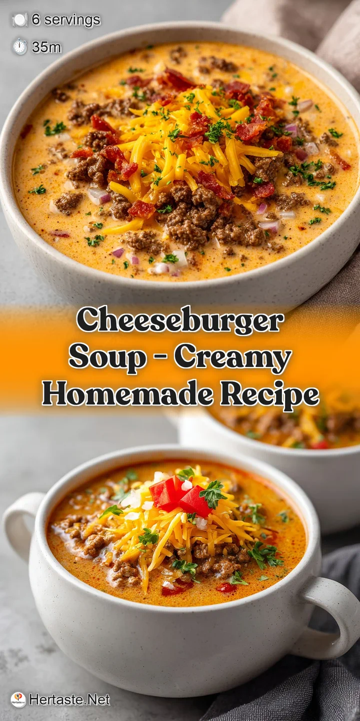 Close-up of creamy cheeseburger soup, showing chunks of seasoned beef, melted cheddar, and a touch of dill.